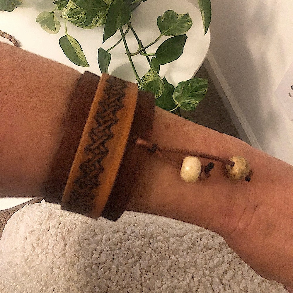 Bison and cowhide leather cuff with jasper beads